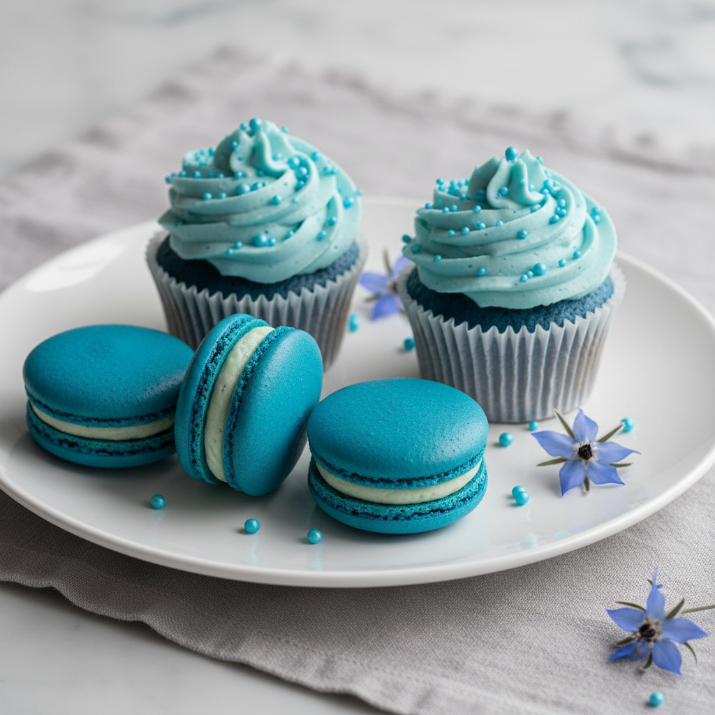 Blue Macarons and Cupcakes